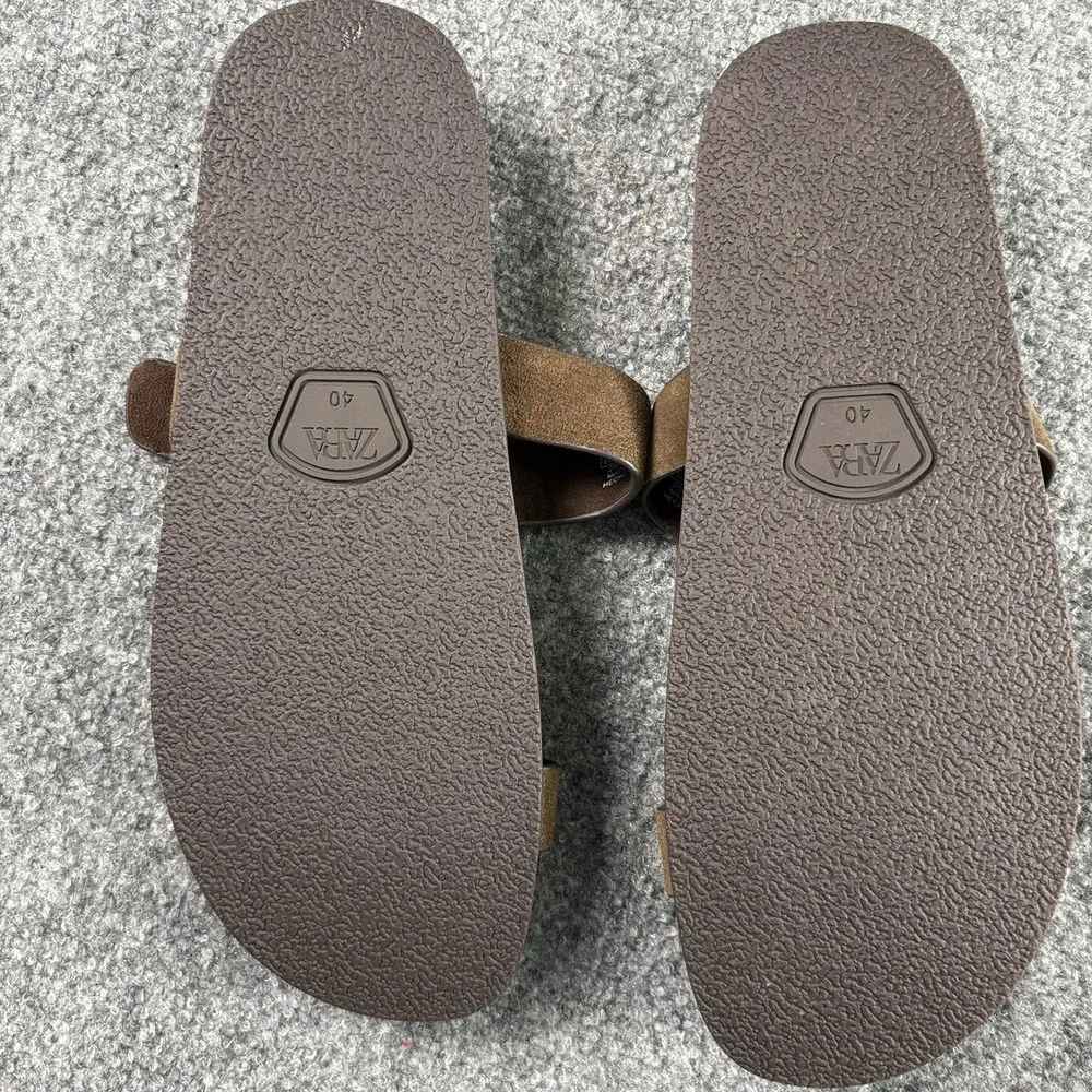 Zara Sandals Women's US 9 Brown Leather Buckle Slide Flat Minimalist Strappy NWT - Picture 9 of 13